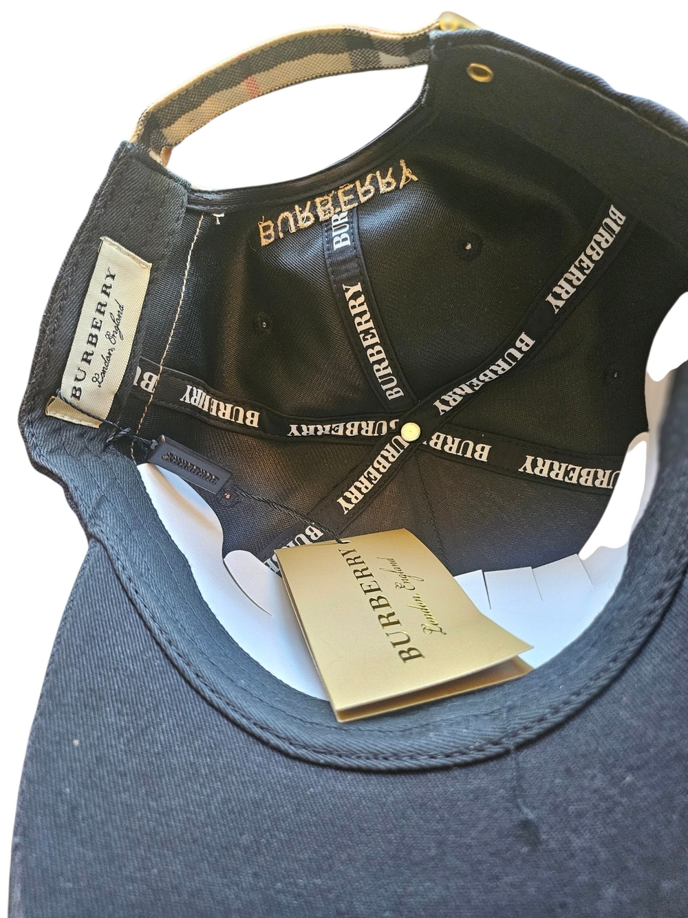 🔥NWT‼️✨ Burberry ✨ Black Baseball Cap Hat with Tan Vintage Check Brim - Unisex - Picture 9 of 14
